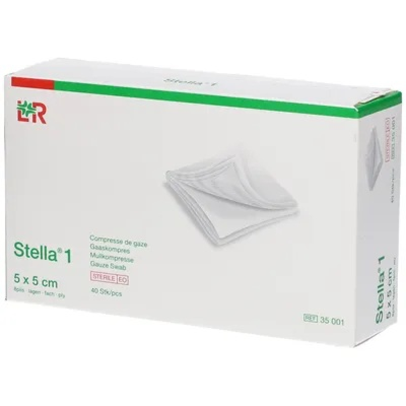 Stella 1 compresse de gaze stérile 5x5cm 8 plis, 40 pcs individuelles