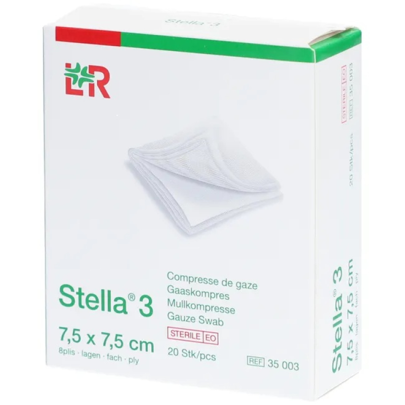 Compresses de gaze stériles Stella 3 7,5x7,5cm 8 plis - 20 pièces